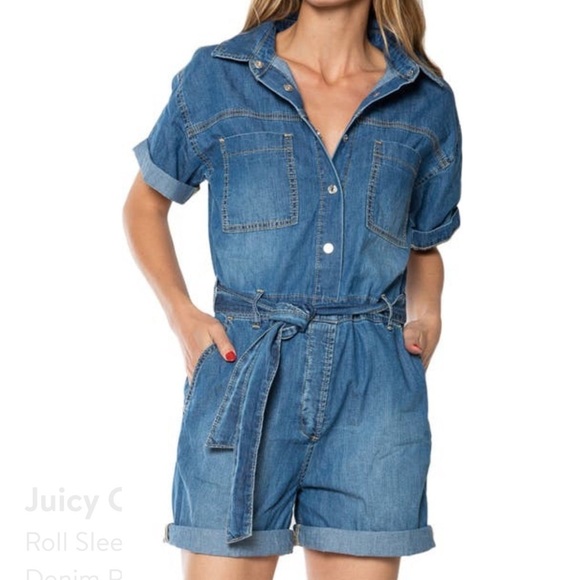 NWT JUICY COUTURE roll sleeves jean romper size small - Picture 2 of 4